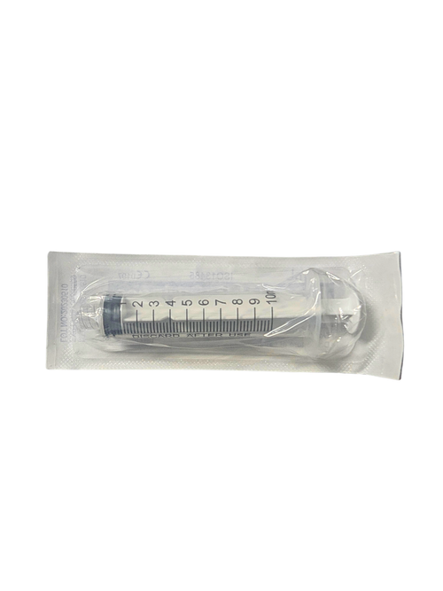 a 10ml luer lock syringe in sterile packaging